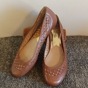 Michael Kors chestnut brown leather gold studded slip on women's loafers…